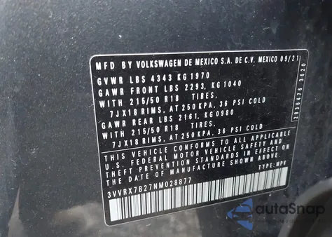 2022 Volkswagen Taos 1.5T Se from USA, damaged, VIN 3VVRX7B27NM028877